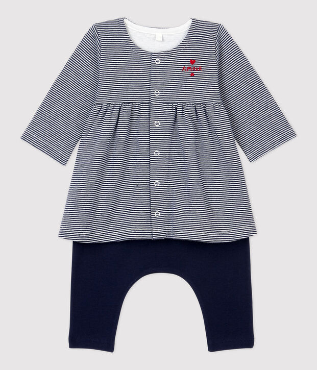 Vestido con leggings a rayas de beb&eacute; de ni&ntilde;a de tejido t&uacute;bico de algod&oacute;n org&aacute;nico azul/blanco